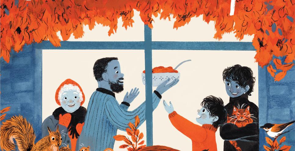 illustration of happy people and animals in the fall
