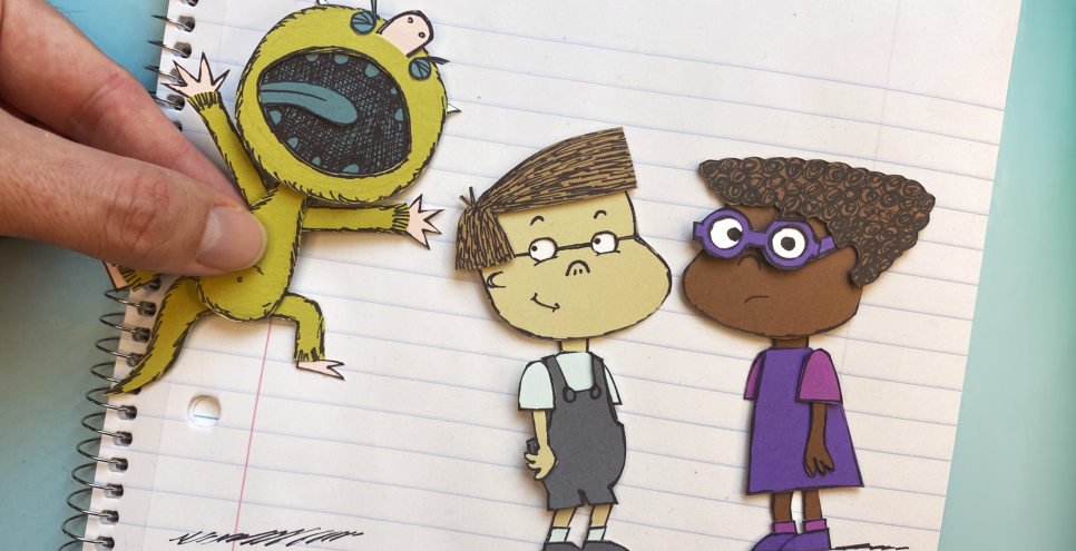 A green monster tries to scare two boys who are talking.