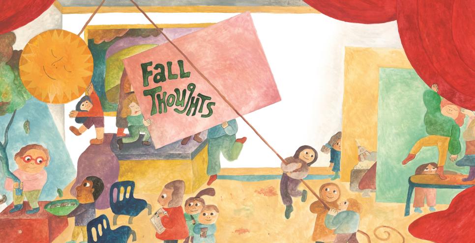 people decorating a room with a banner that says "Fall Thoughts"