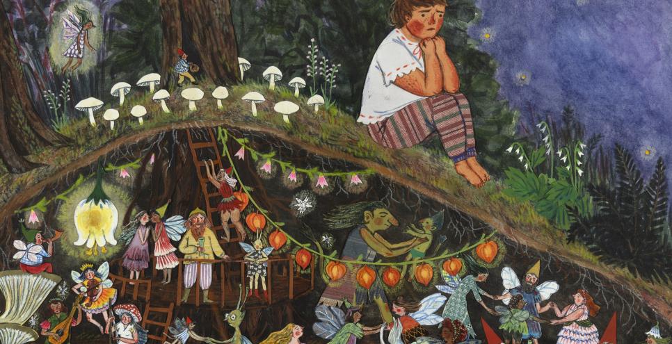Artwork featuring faries and other magical creatures dancing underground.