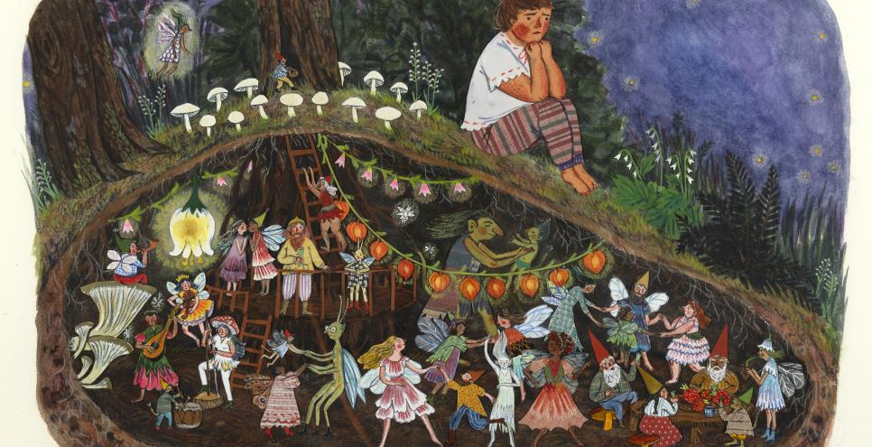 Artwork featuring faries and other magical creatures dancing underground.