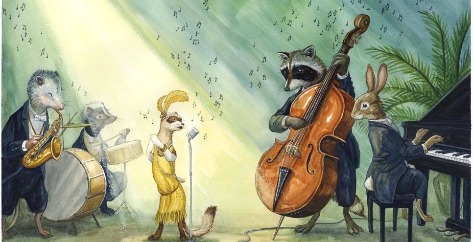 a variety of animals playing jazz instruments