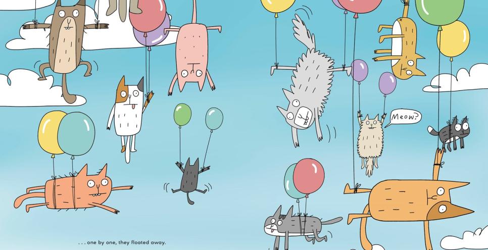 many cats being held up by balloons in the sky