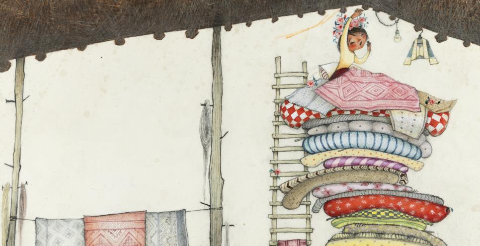 Illustration of child on huge stack of pillows. 