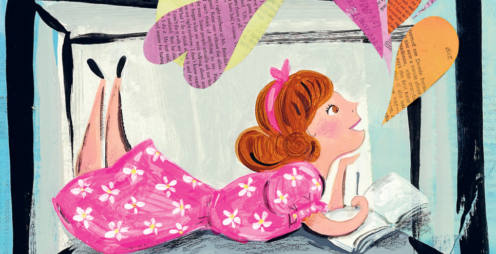 Illustration of a girl with light skin, writing in a journal.