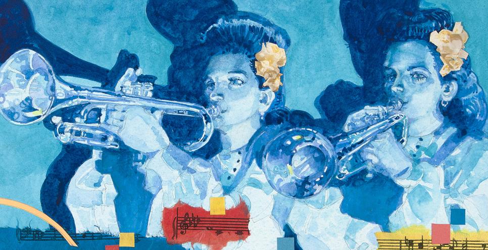 Illustration of girls playing trumpets. 