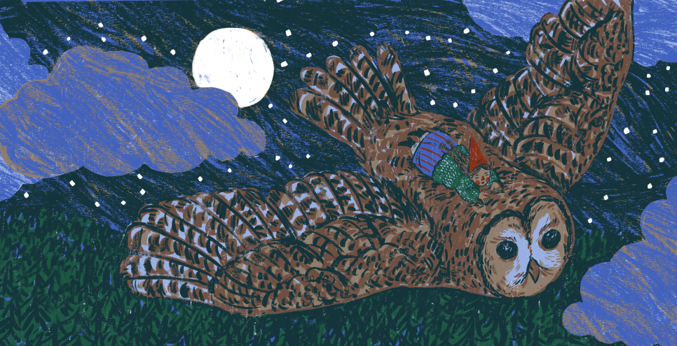 A gnome riding an owl as he flies at night