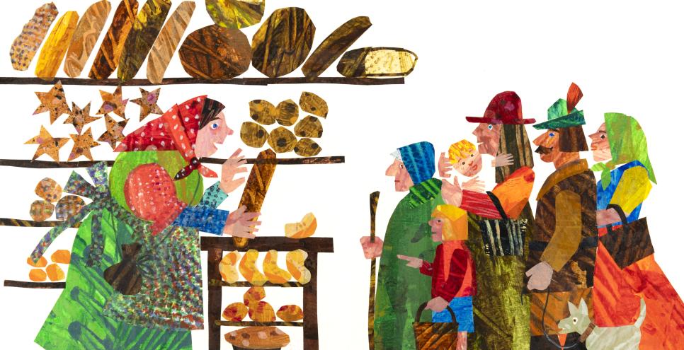 Baker selling bread to line of customers 