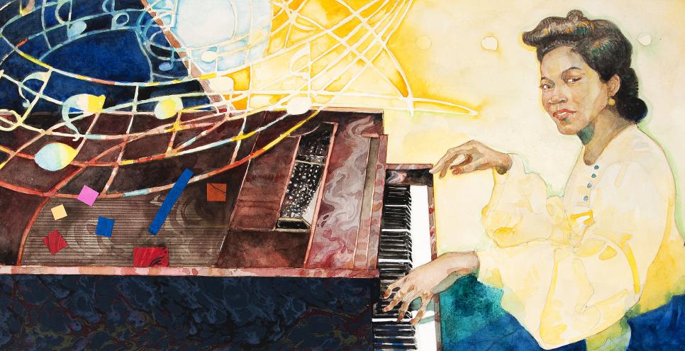 Illustration of woman playing piano. 