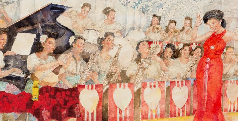 Illustration of woman singing with band. 