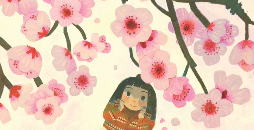 Illustration of a little girl looking at cherry blossoms up on a tree.