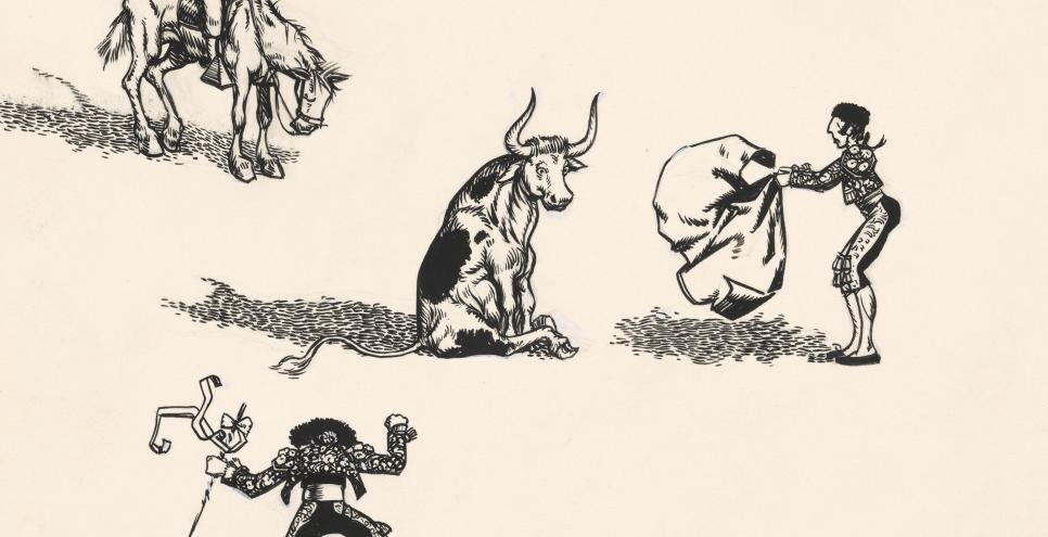 Ink drawing of matadors with bull. 