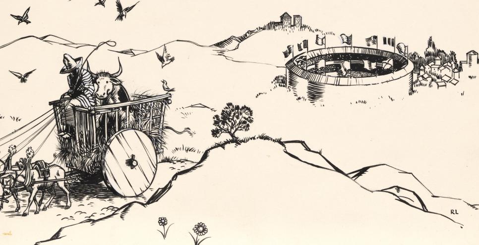 Ink drawing of cow in cart. 