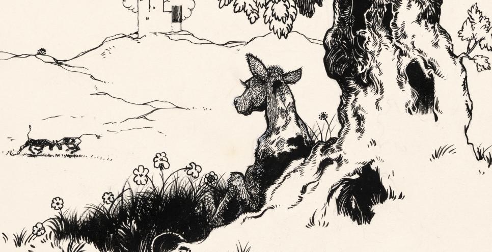 Bull sitting under a tree. 