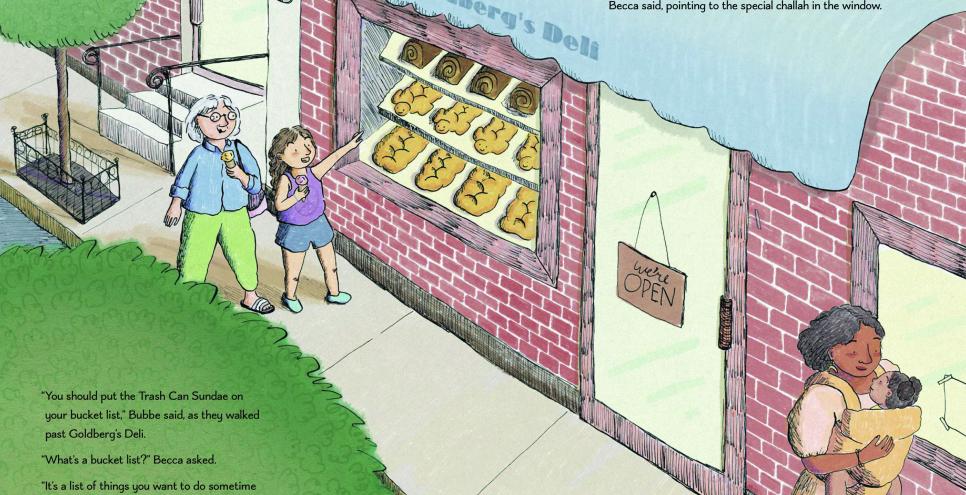 Illustration of a girl and her grandma walking past a shop.