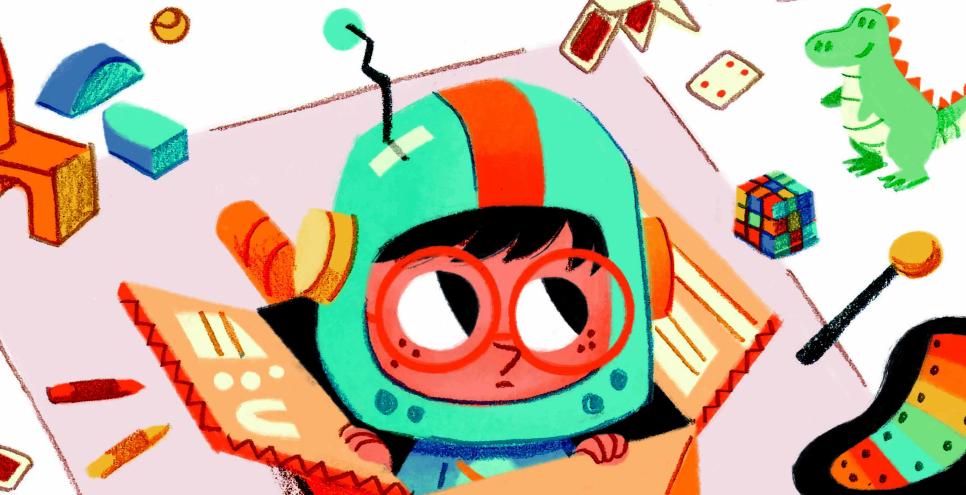 Illustration of a child playing in a cardboard box