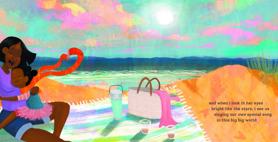 Illustration of mother and child hugging on a beach.