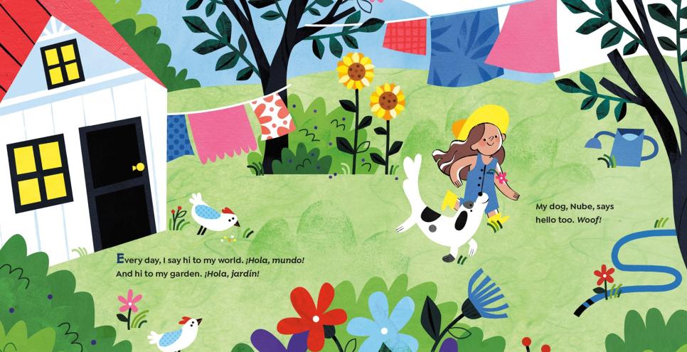 Illustration of a girl walking in a grassy yard