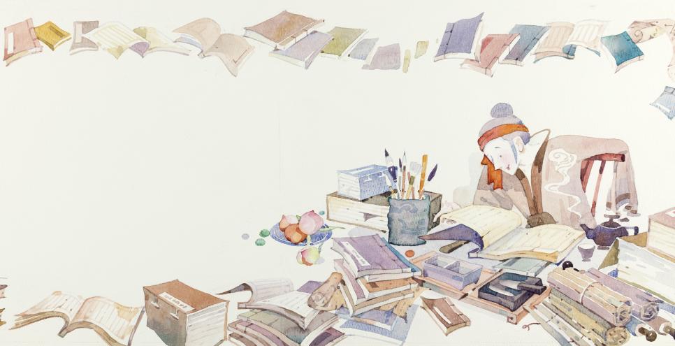 Illustration of man reading books. 