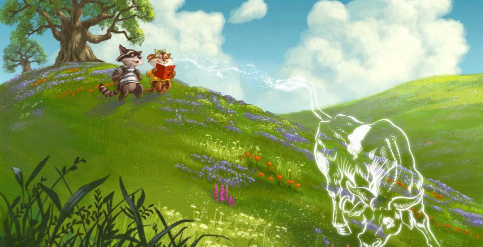 Illustration of chipmunk and raccoon reading under a tree and imagining Ferdinand the bull.