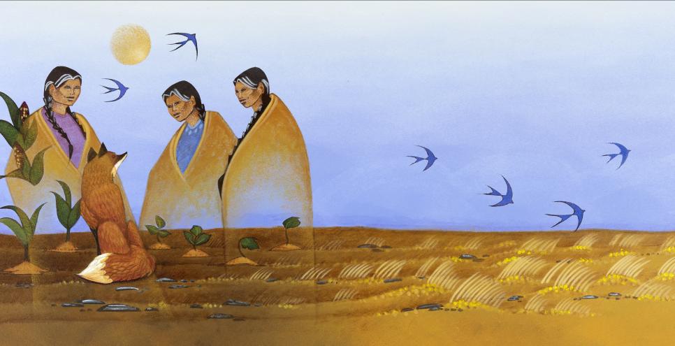 Painting of three elders with fox