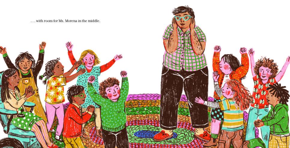 Illustration of many students and a teacher on a special rug