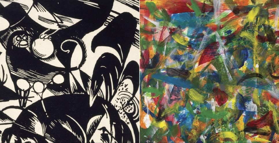 Two Modernist abstract paintings: one black and white, the other colorful.