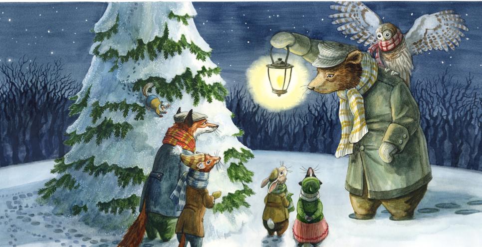 illustration of forest animals dressed for winter, gathered at night