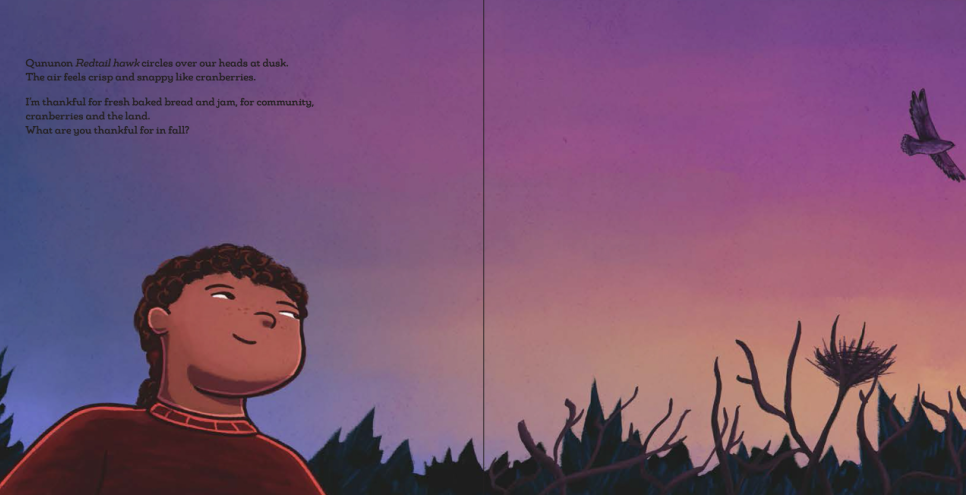 Illustration from Wôpanâak Seasons featuring a child looking up at hawk in sky