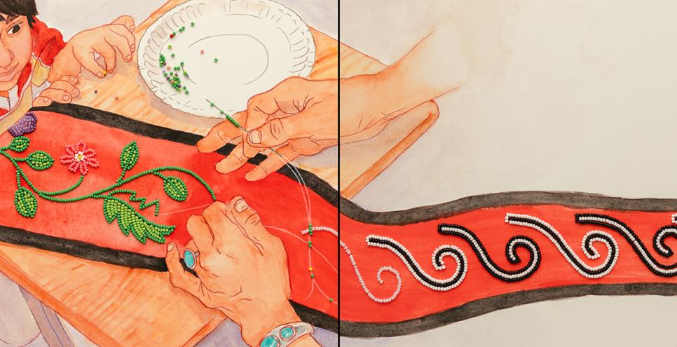 Illustration of weaving beads at table. 