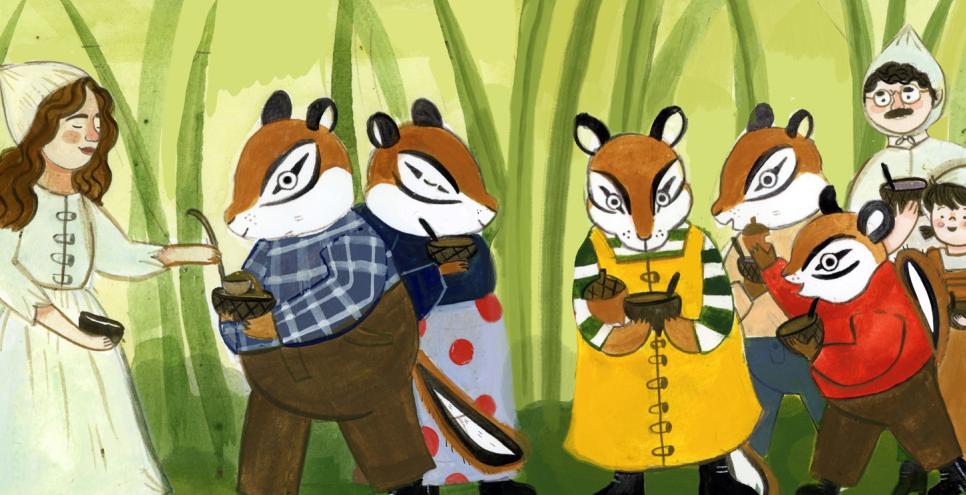 Illustration of garlic family sharing food with chipmunks