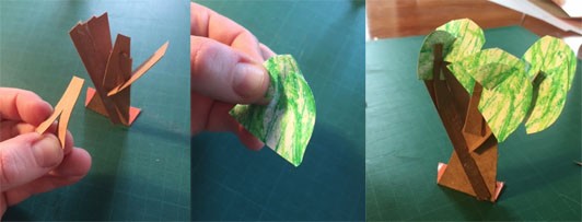 A series of three images side by side. The first shows a cardboard tree trunk made of several smaller pieces of cardboard. The second shows a piece of oval shaped green paper with a slot cut partway down. The final image shows several of the green papers attached to the cardboard tree trunk but fitting the slots over the cardboard. 
