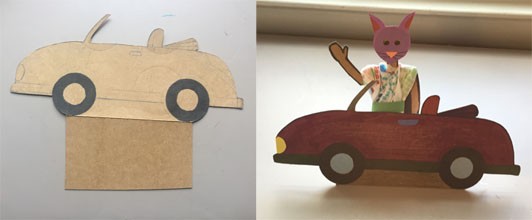 Tow side by side images, the first showing the side of a convertible car cut out of cardboard with a supporting tab at the base to allow it to stand. The second image shows the cardboard car colored in red, with the cardboard figure standing behind waving. 