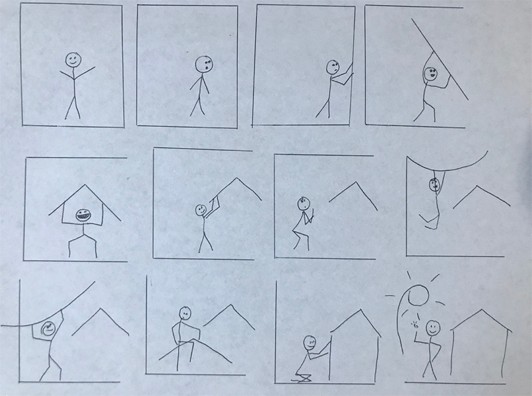 Cartoon drawing with a stick figure taking parts of a square panel apart to turn into a house and sun.