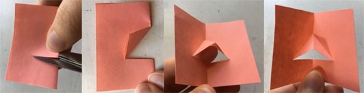 Four images showing how to make a triangle pop-up. Hands cut one line into the crease of a folded piece of paper. The cut flap is creased and folded back and forth into a triangle shape. The triangle shape is pushed through to the inside of the card. The final image shows a triangle pop-up.