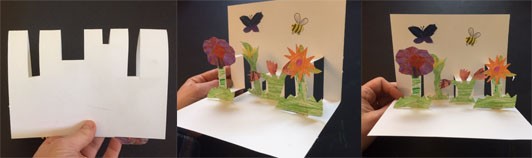 Three images showing a meadow pop-up card. Two showing brightly colored collaged flowers glued to the pop-up structures with a butterfly and bumblebee flying above the flowers in the air. The cut-out pop-ups are different depths and thicknesses. The third image shows that when the card is closed, there are missing cut-out sections where the pop-ups are now inside the card.