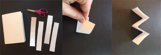 Three images: One with a folded piece of blank paper with four cut strips of paper and a pair of scissors. The second image shows a hand accordion-folding the paper strip in half and then into fourths. The third image shows the accordion fold, shaped like an “M”.