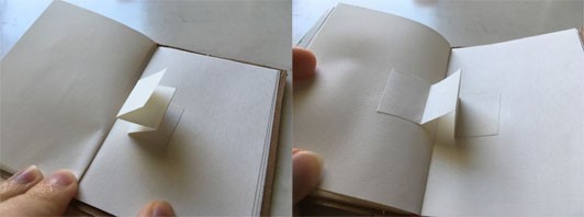 Two images: On the left, an accordion folded paper is glued on one side to a page in a blank book. On the right, the accordion fold is glued on both ends to the opposing pages, spanning the gutter of the book.