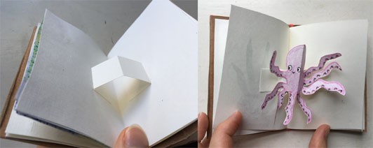 Two images: One shows an accordion fold pop-up where the outer tabs that are glued to the pages are more hidden by being glued to the pages so the outer tabs face towards the spine. The other image shows the pop-up octopus again.