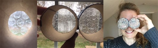 Three images: Light shining through a circular cardboard tube with bubble wrap taped to the end. Two cardboard tubes taped together to make cardboard glasses that are looking out the window, and held up to Meg’s face.