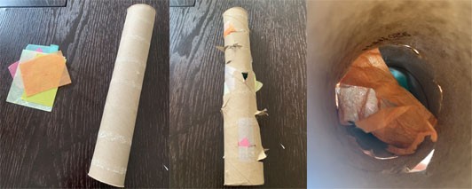 Three images: A cardboard tube and pile of tissue paper, the outside of the kaleidoscope with cut holes and taped tissue paper ends, and the inside of the tube with layered papers and light streaming in.