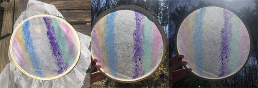 Three images: Translucent fabric across a fabric hoop with painted lines, held up to different parts of the sky so the colors and fabric change appearance.
