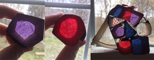Three images: Cardboard folded into a pentagon tube with purple tissue paper taped at the end and held up to a window. Cardboard rolled into a circular tube with red tissue paper taped on the end and held up to a window. A cardboard sculpture sitting in a window sill made of separate tubes with different tissue papers, bubble wrap, and plastic mesh taped at the ends.