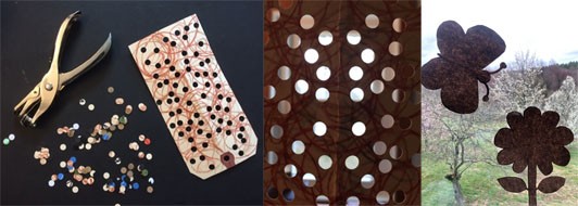 Three images: A hole punch, holes, and a tag with holes punched out of it. The tag held to the light so light shines through the holes. A butterfly and flower cut out of opaque paper is taped to a window.