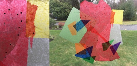 Two images: Tissue paper stuck to a window with water, different color overlapping makes new colors such as orange.