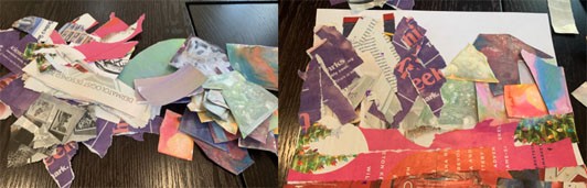 Two images: The image to the left is a stack of torn papers from magazines, watercolor paintings, and newspaper. The image to the right is an abstract landscape collage made from torn colors and letters glued onto a white background.