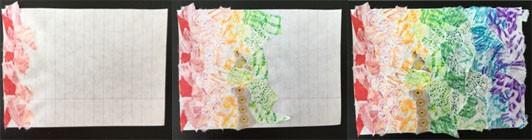 Three images that show the progression of a collage. The image to the far left shows the start of a rainbow collage where there are small pieces of red paper glued to the far left of a piece of notebook paper. The image in the middle shows that more torn paper pieces have been added, with yellow, orange, and green added towards the right side of the page. The image on the far right shows the finished collage where the whole background is covered in torn papers with the color spectrum running from left to right.