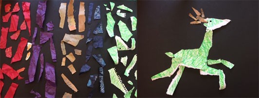 Two images: The image to the left has torn papers organized into red, purple, brown, blue, and green columns with space in between the pieces. Image to the right has a running deer-like creature with brown antlers, a green body, and hole punched eye.