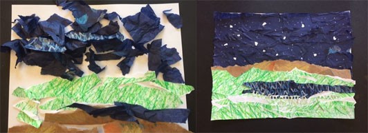 Two images: The image to the left has torn papers loosely organized on top of a white background paper where the sky is made of blue papers, green and brown landscape, and blue water. The image to the right has the papers glued down to the background with bright white stars added to the deep blue sky.