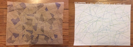 Two tracings from rectangle and square objects, one on black paper where some sections are filled in, one on white paper with just the shape outlines visible.
